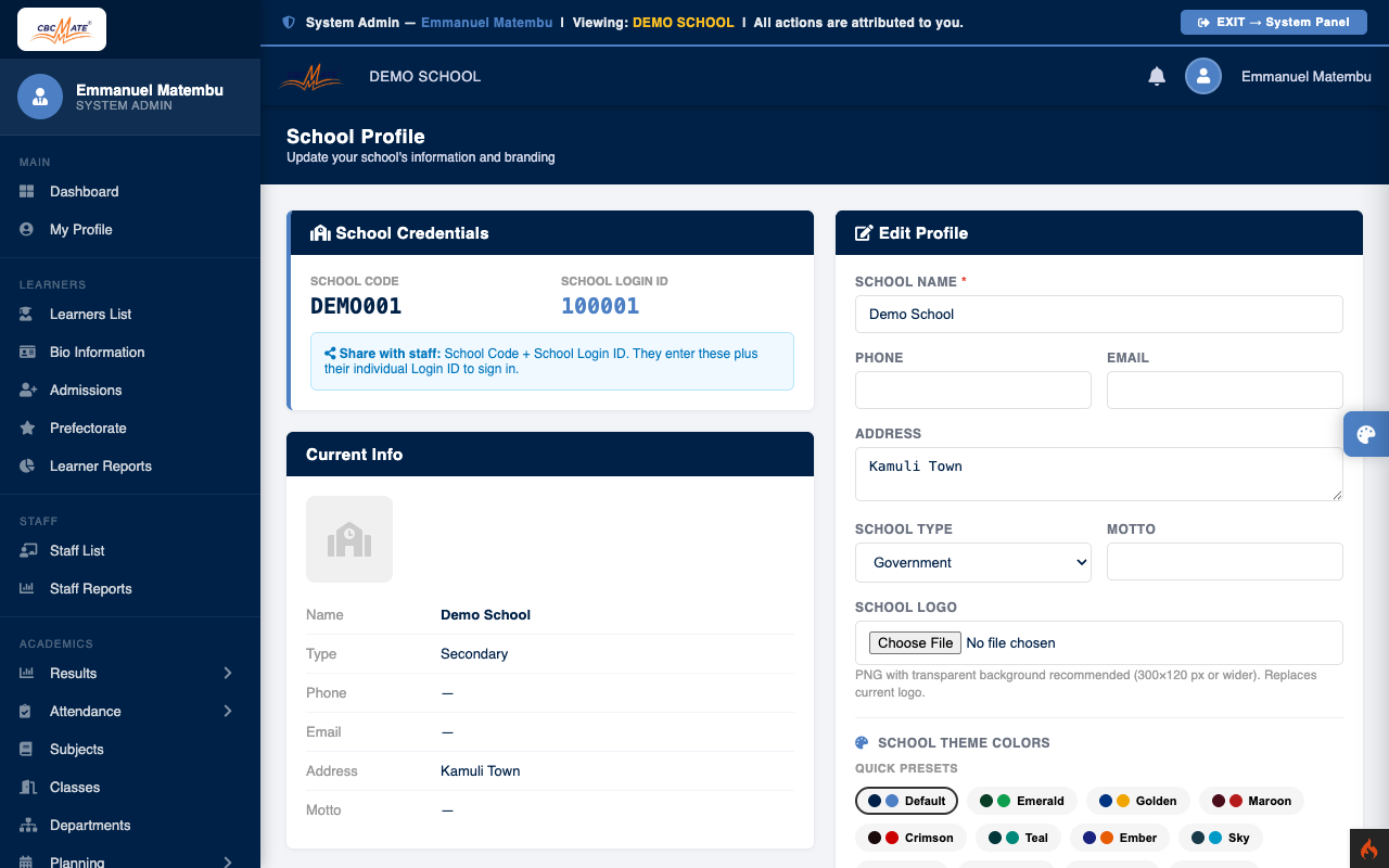 School Profile settings page
