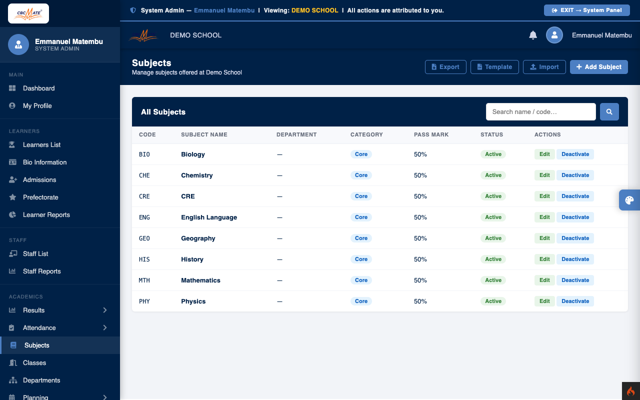 Subjects list page