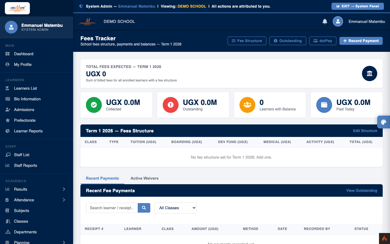 Fees management dashboard