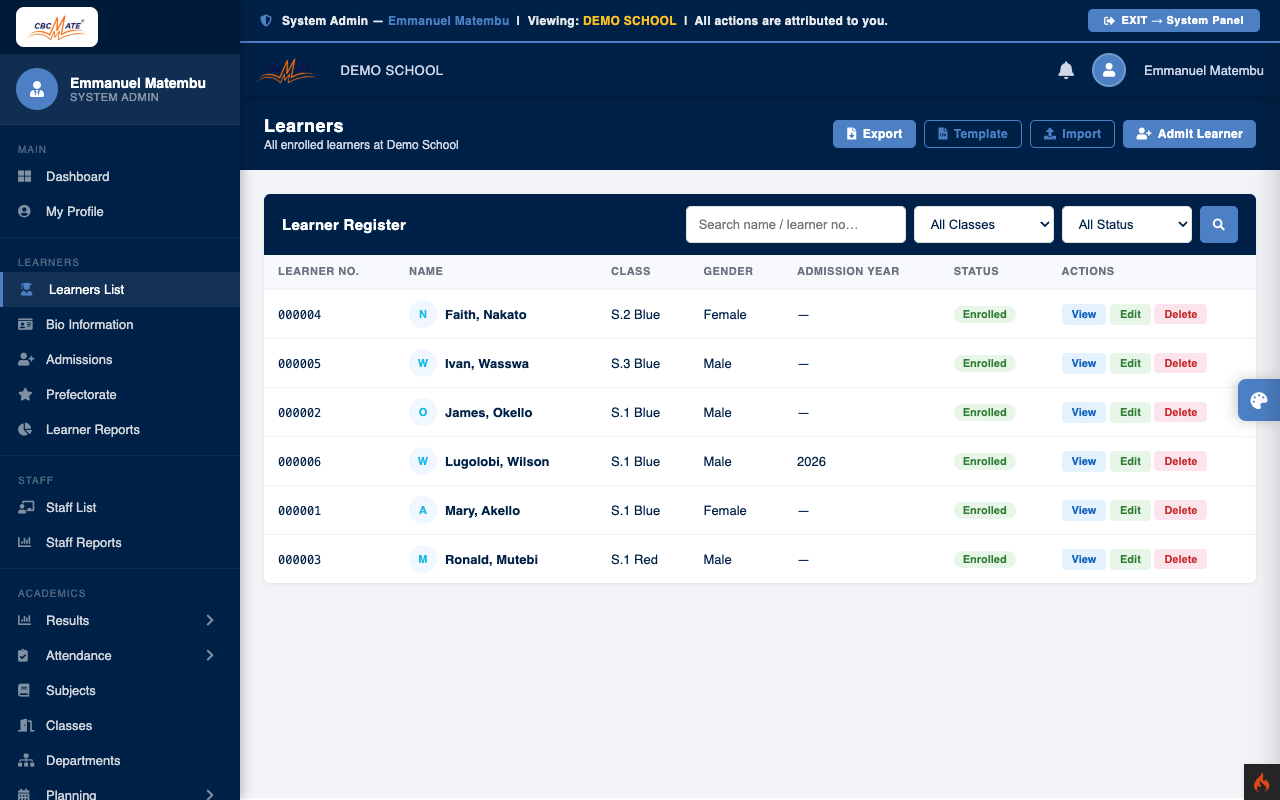 Import learners CSV panel